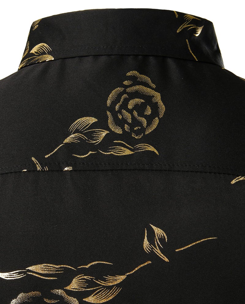 ZEROYAA Men's 3D Golden Rose Printed Slim Fit Long Sleeve Button Down Floral Dress Shirts ZZCL30 Black Gold Large - Image 5